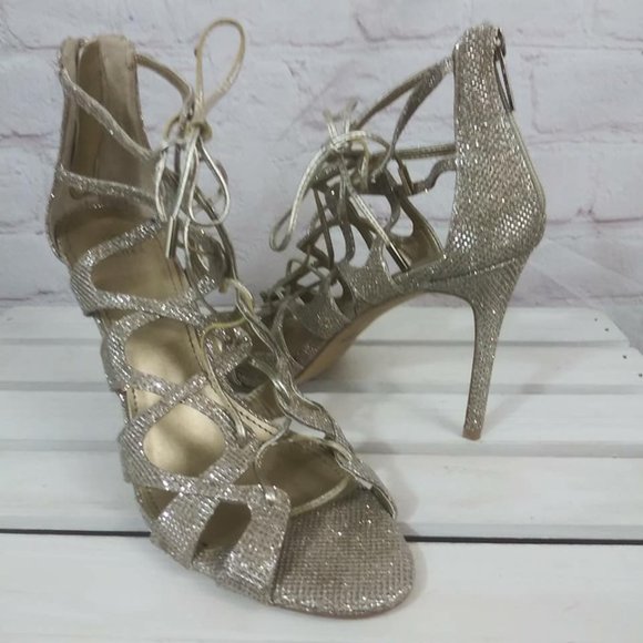 Belle Badgley Mischka Gold Shimmer Stiletto Sz 9.5 - Picture 1 of 10